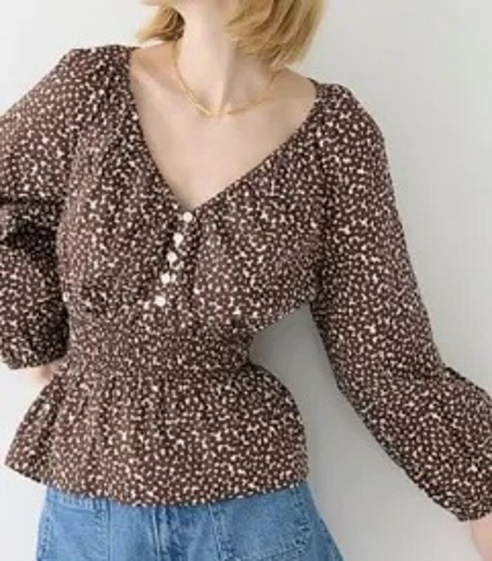 J Crew Womens Cottage Smocked Waist Top Mocha Brown Floral Boho Peplum Medium